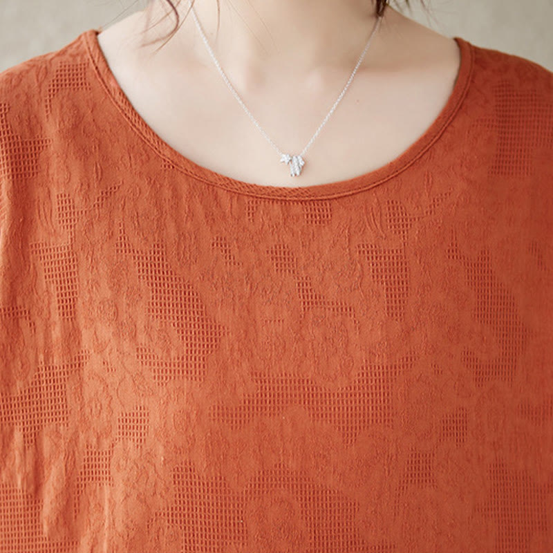 Buddha Stones Casual Solid Color Jacquard Crew Neck Short Puff Sleeve Cotton Linen Midi Dress