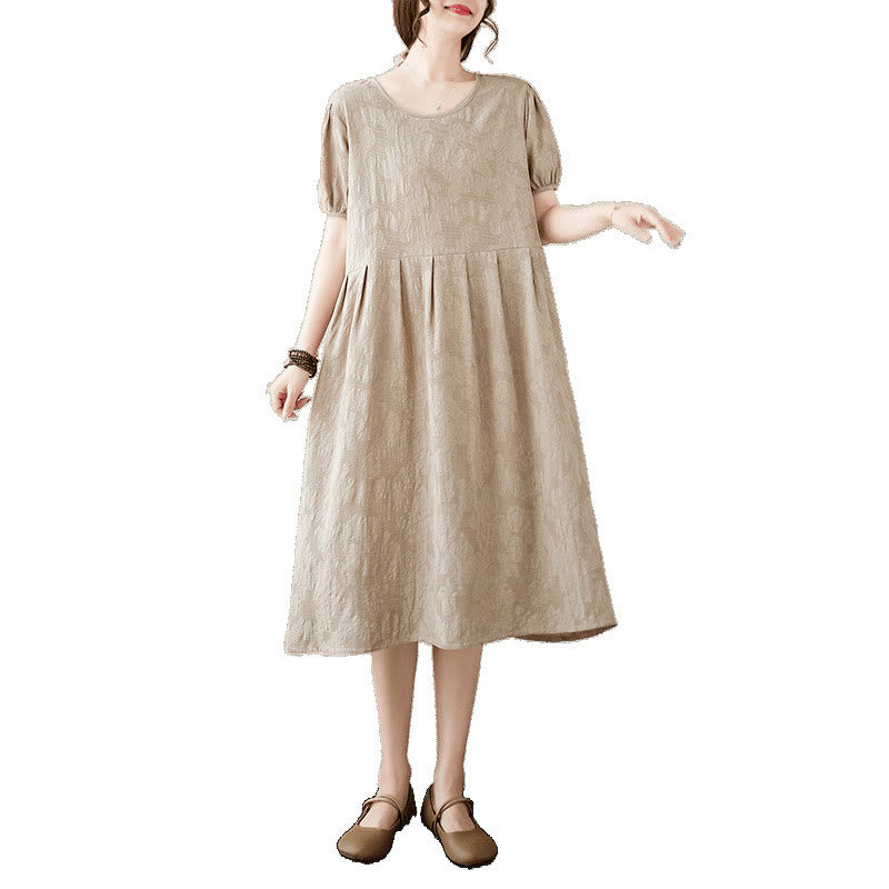 Buddha Stones Casual Solid Color Jacquard Crew Neck Short Puff Sleeve Cotton Linen Midi Dress