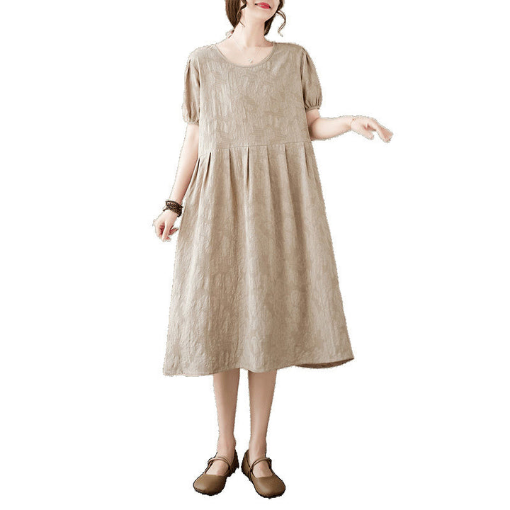 Buddha Stones Casual Solid Color Jacquard Crew Neck Short Puff Sleeve Cotton Linen Midi Dress
