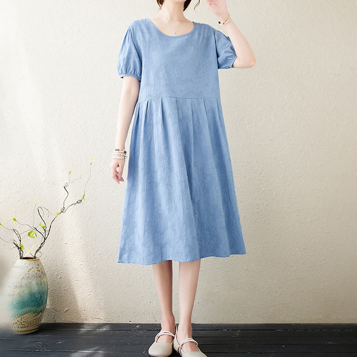 Buddha Stones Casual Solid Color Jacquard Crew Neck Short Puff Sleeve Cotton Linen Midi Dress