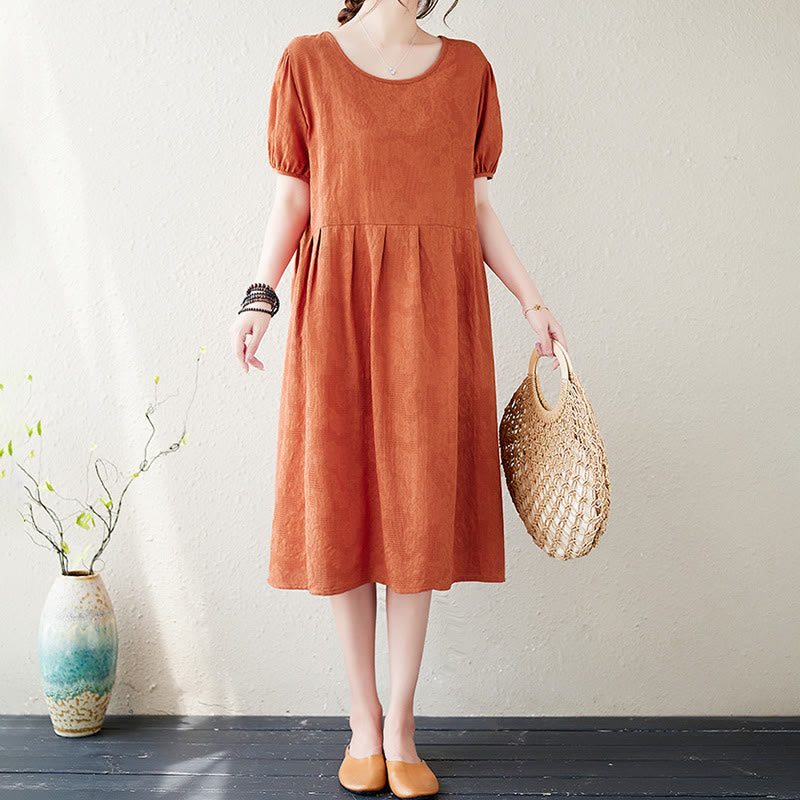 Buddha Stones Casual Solid Color Jacquard Crew Neck Short Puff Sleeve Cotton Linen Midi Dress