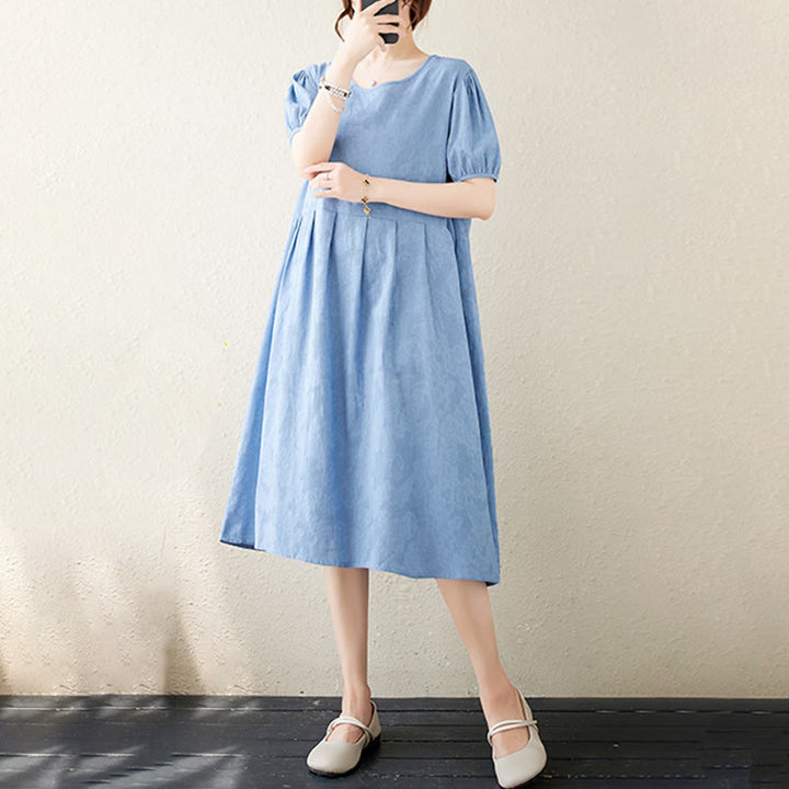 Buddha Stones Casual Solid Color Jacquard Crew Neck Short Puff Sleeve Cotton Linen Midi Dress