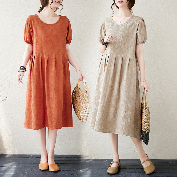 Buddha Stones Casual Solid Color Jacquard Crew Neck Short Puff Sleeve Cotton Linen Midi Dress