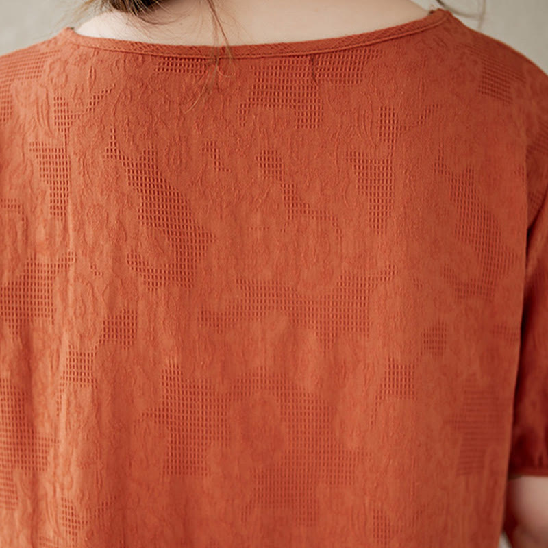 Buddha Stones Casual Solid Color Jacquard Crew Neck Short Puff Sleeve Cotton Linen Midi Dress