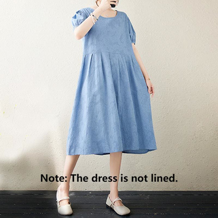 Buddha Stones Casual Solid Color Jacquard Crew Neck Short Puff Sleeve Cotton Linen Midi Dress