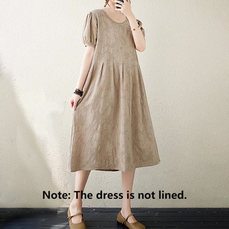Buddha Stones Casual Solid Color Jacquard Crew Neck Short Puff Sleeve Cotton Linen Midi Dress