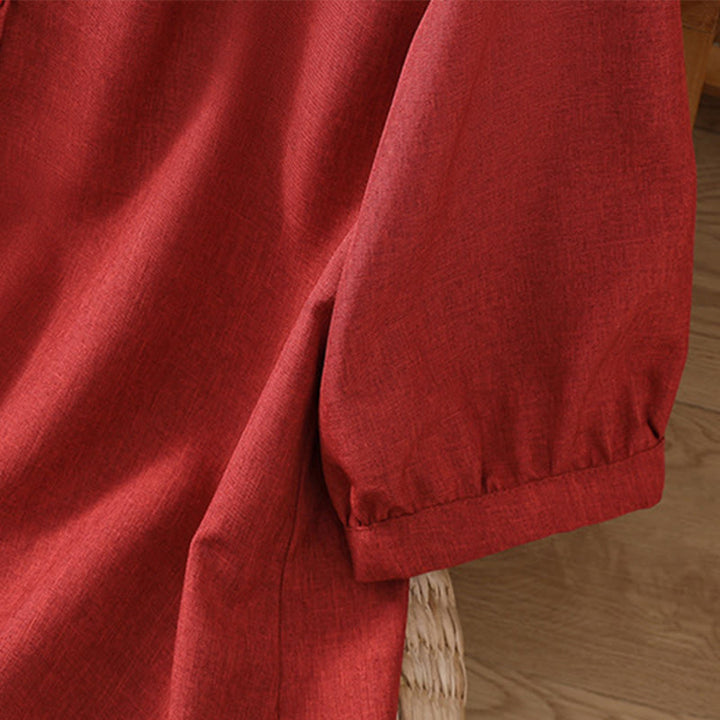 Buddha Stones Plain Button Crew Neck Design Women's Cotton Linen Three Quarter Sleeve Shirt - image 2