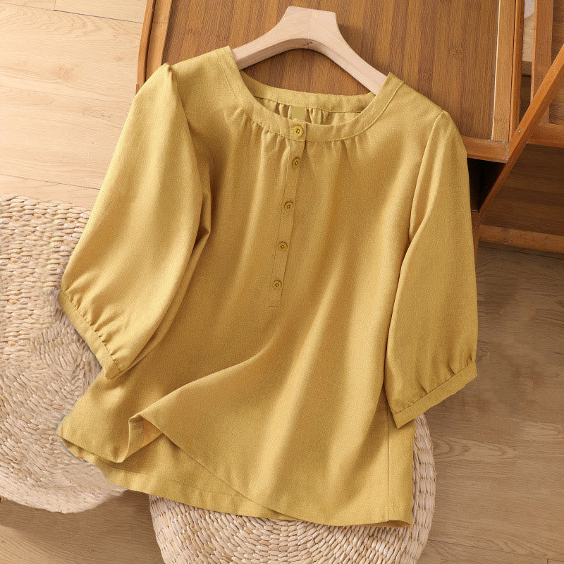 Buddha Stones Plain Button Crew Neck Design Women's Cotton Linen Three Quarter Sleeve Shirt