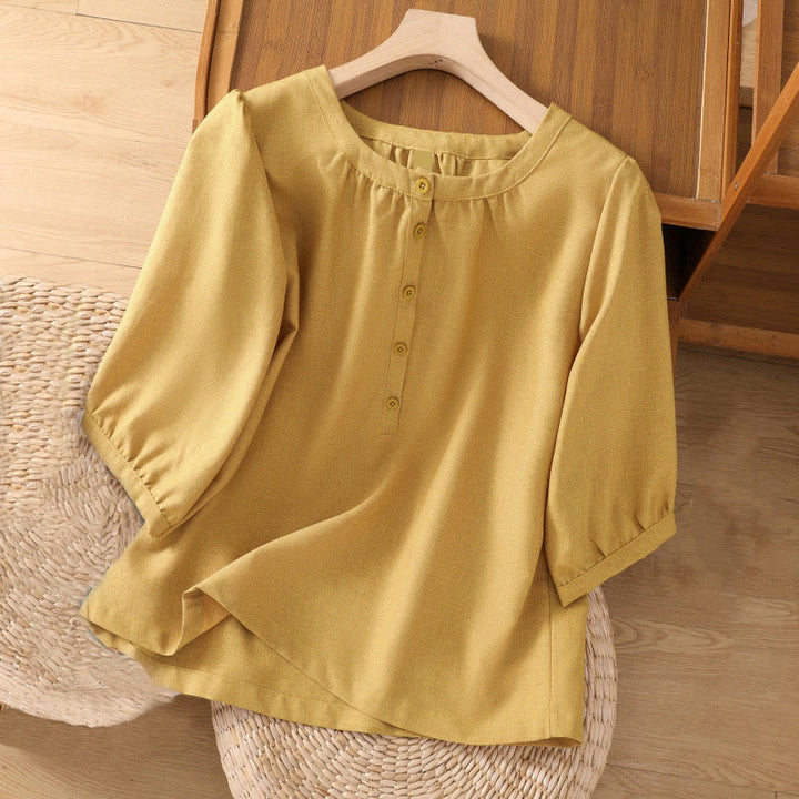 Buddha Stones Plain Button Crew Neck Design Women's Cotton Linen Three Quarter Sleeve Shirt