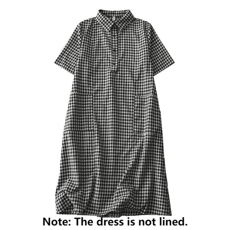 Buddha Stones Casual Vintage Plaid Pattern Lapel Short Sleeve Cotton Midi Dress With Pockets - image 1