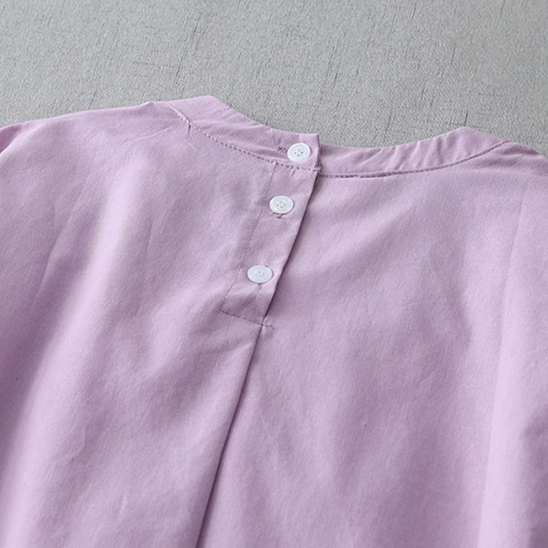 Buddha Stones Casual Pure Color Back Buttons Design Crew Neck Short Sleeve Cotton Linen Midi Dress With Pockets - image 19