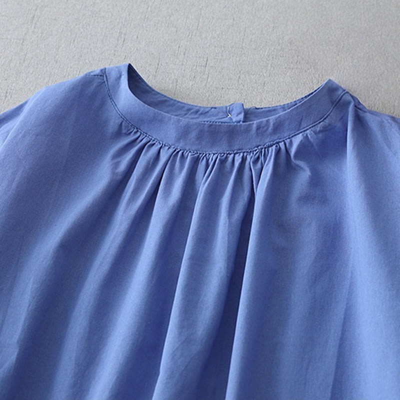 Buddha Stones Casual Pure Color Back Buttons Design Crew Neck Short Sleeve Cotton Linen Midi Dress With Pockets
