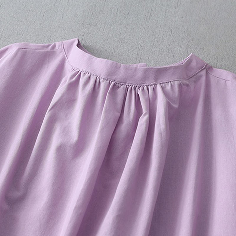 Buddha Stones Casual Pure Color Back Buttons Design Crew Neck Short Sleeve Cotton Linen Midi Dress With Pockets