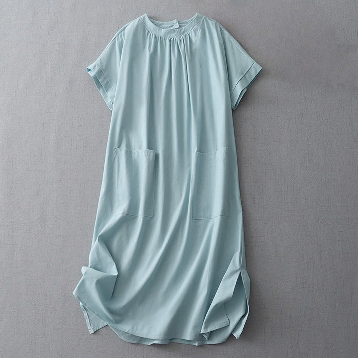 Buddha Stones Casual Pure Color Back Buttons Design Crew Neck Short Sleeve Cotton Linen Midi Dress With Pockets