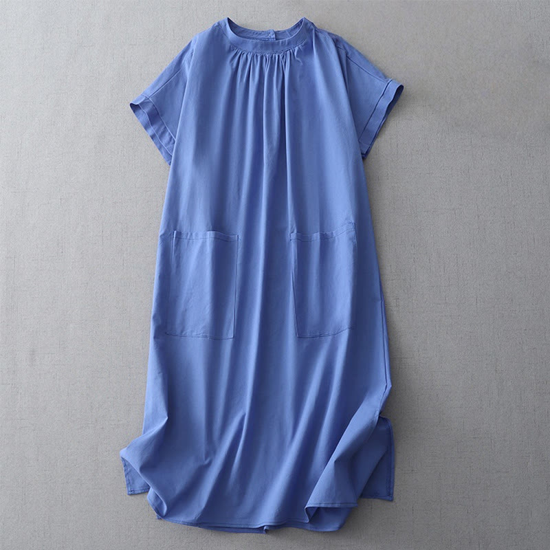 Buddha Stones Casual Pure Color Back Buttons Design Crew Neck Short Sleeve Cotton Linen Midi Dress With Pockets