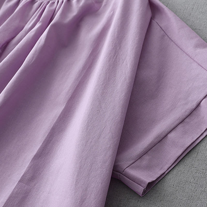 Buddha Stones Casual Pure Color Back Buttons Design Crew Neck Short Sleeve Cotton Linen Midi Dress With Pockets - image 20