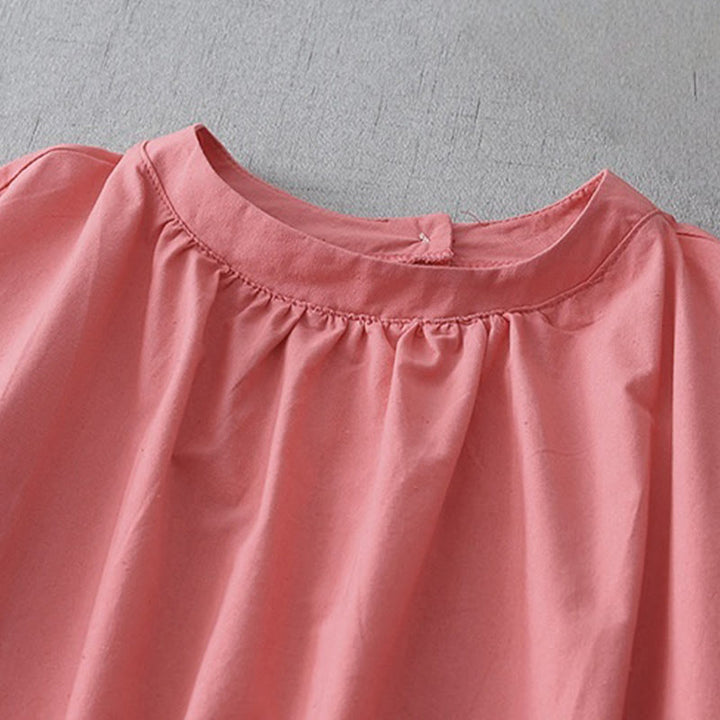 Buddha Stones Casual Pure Color Back Buttons Design Crew Neck Short Sleeve Cotton Linen Midi Dress With Pockets