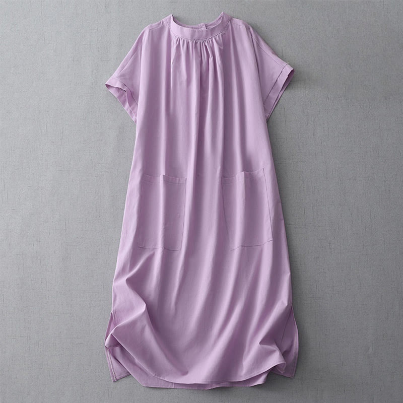 Buddha Stones Casual Pure Color Back Buttons Design Crew Neck Short Sleeve Cotton Linen Midi Dress With Pockets