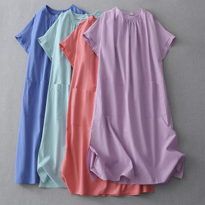 Buddha Stones Casual Pure Color Back Buttons Design Crew Neck Short Sleeve Cotton Linen Midi Dress With Pockets