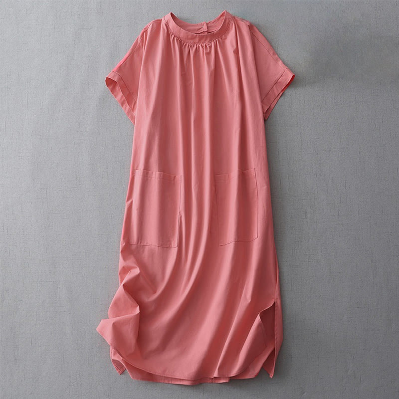 Buddha Stones Casual Pure Color Back Buttons Design Crew Neck Short Sleeve Cotton Linen Midi Dress With Pockets