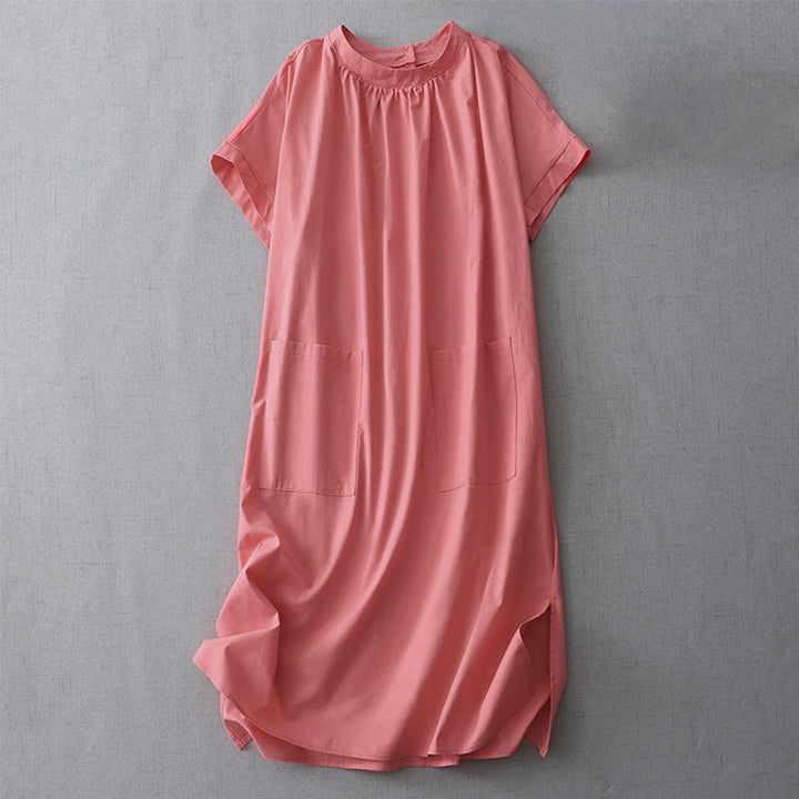 Buddha Stones Casual Pure Color Back Buttons Design Crew Neck Short Sleeve Cotton Linen Midi Dress With Pockets
