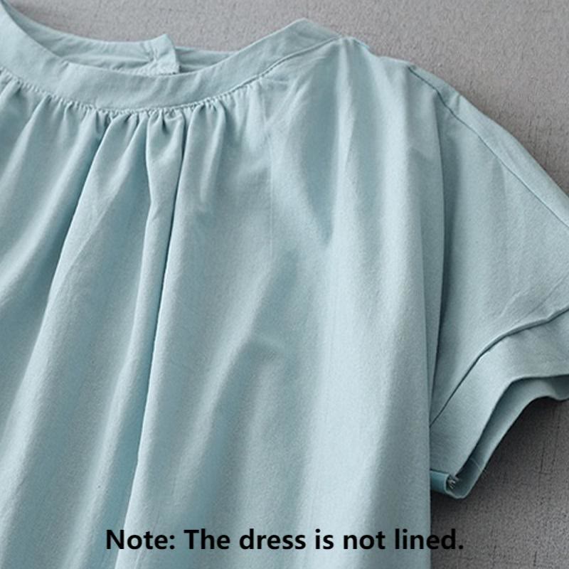Buddha Stones Casual Pure Color Back Buttons Design Crew Neck Short Sleeve Cotton Linen Midi Dress With Pockets