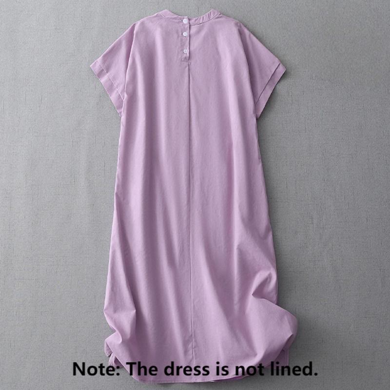 Buddha Stones Casual Pure Color Back Buttons Design Crew Neck Short Sleeve Cotton Linen Midi Dress With Pockets - image 17