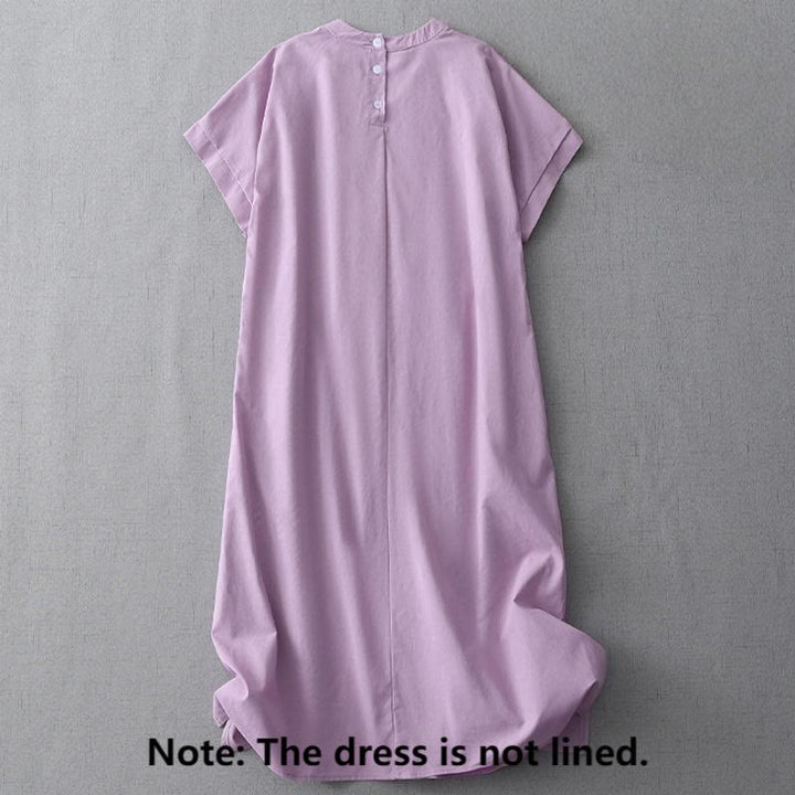Buddha Stones Casual Pure Color Back Buttons Design Crew Neck Short Sleeve Cotton Linen Midi Dress With Pockets - image 17