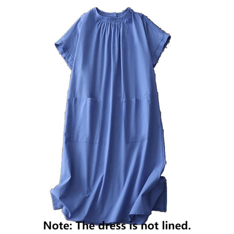 Buddha Stones Casual Pure Color Back Buttons Design Crew Neck Short Sleeve Cotton Linen Midi Dress With Pockets
