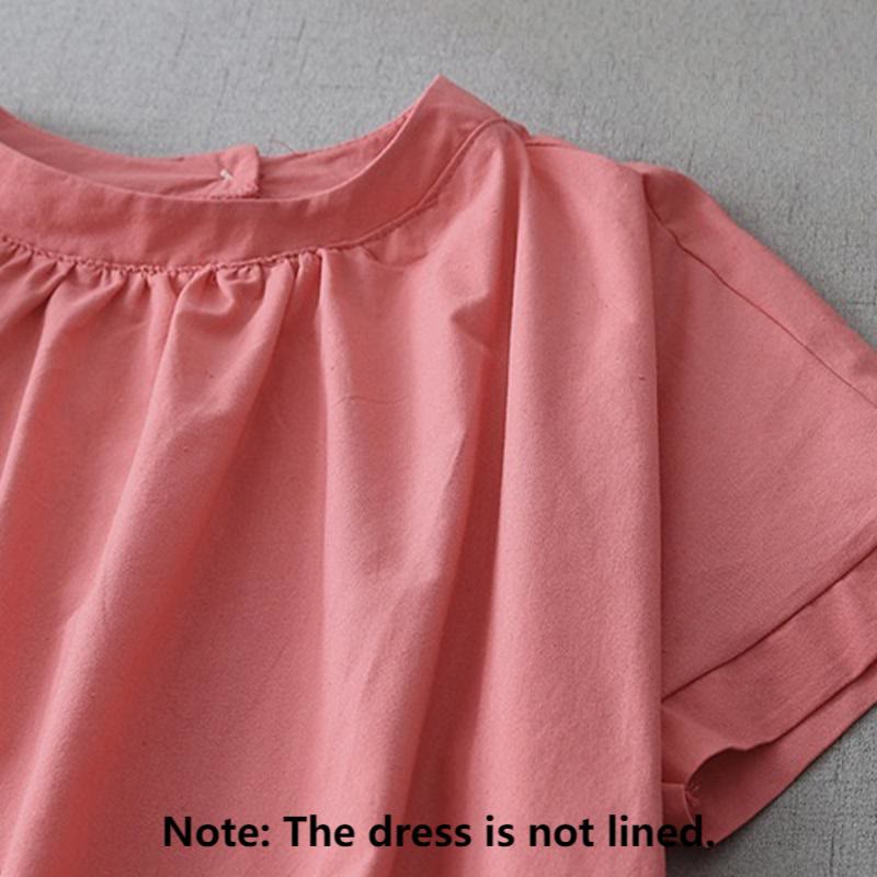 Buddha Stones Casual Pure Color Back Buttons Design Crew Neck Short Sleeve Cotton Linen Midi Dress With Pockets