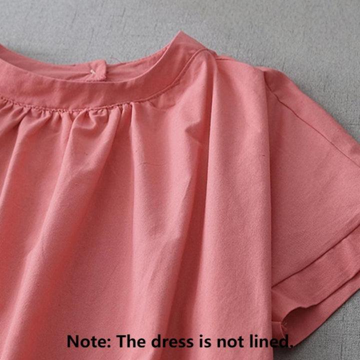 Buddha Stones Casual Pure Color Back Buttons Design Crew Neck Short Sleeve Cotton Linen Midi Dress With Pockets