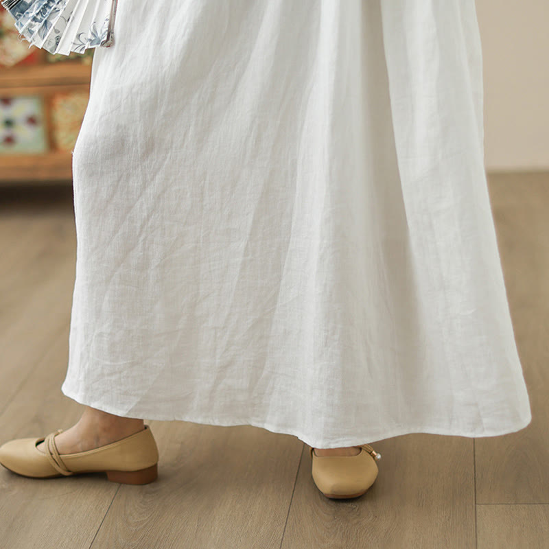 Buddha Stones FloralWhite Casual Back Buttons Design Sleeveless Cotton Midi Dress With Pockets - image 12