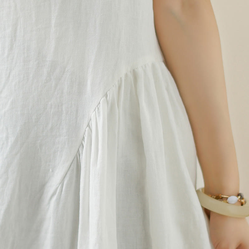 Buddha Stones FloralWhite Casual Back Buttons Design Sleeveless Cotton Midi Dress With Pockets - image 10
