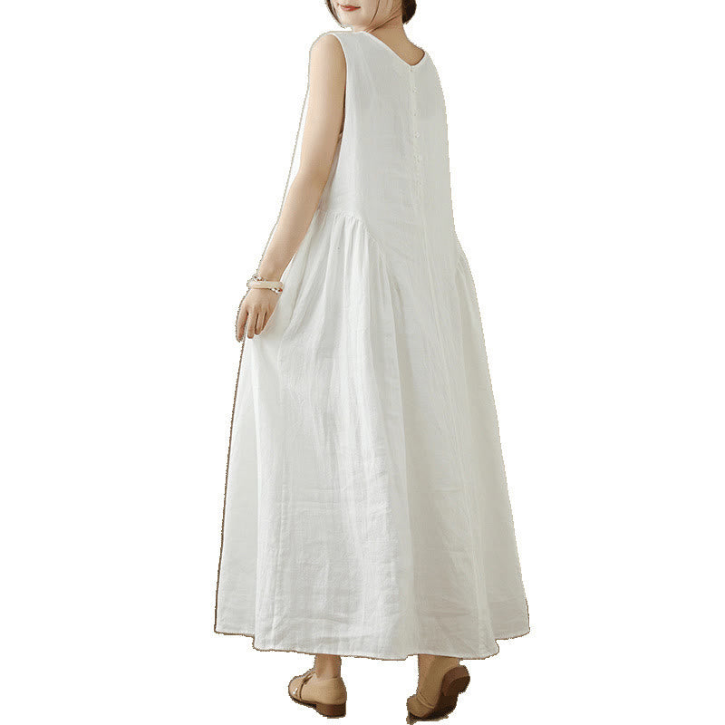 Buddha Stones FloralWhite Casual Back Buttons Design Sleeveless Cotton Midi Dress With Pockets - image 13