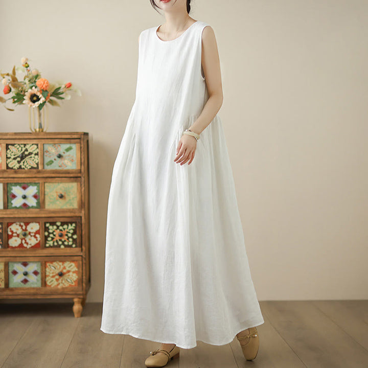 Buddha Stones FloralWhite Casual Back Buttons Design Sleeveless Cotton Midi Dress With Pockets - image 4