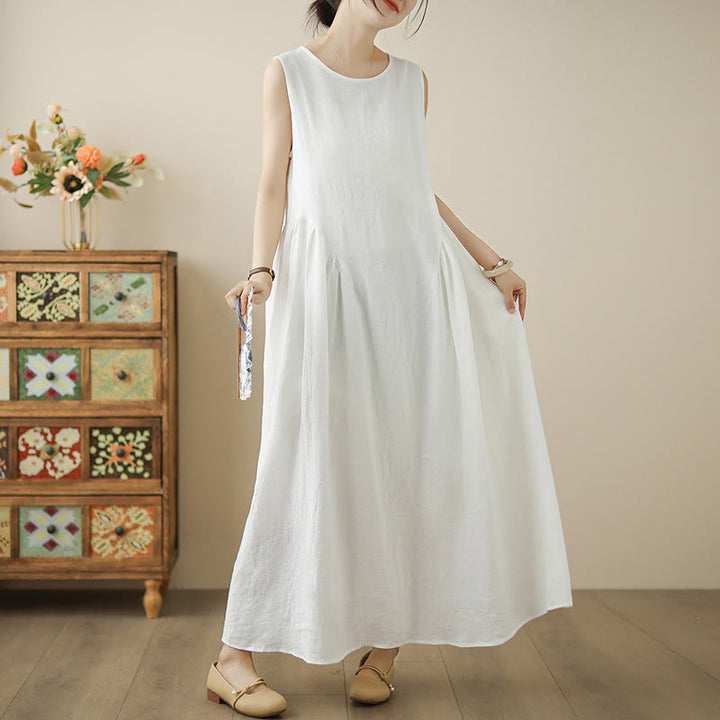 Buddha Stones FloralWhite Casual Back Buttons Design Sleeveless Cotton Midi Dress With Pockets - image 6