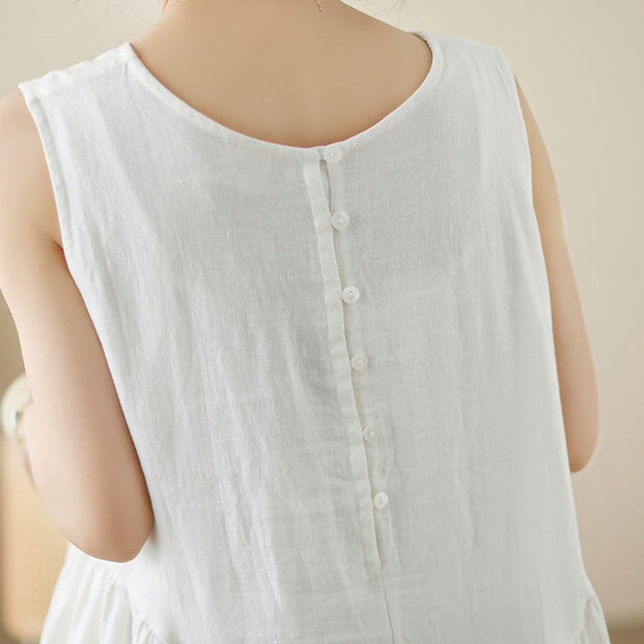 Buddha Stones FloralWhite Casual Back Buttons Design Sleeveless Cotton Midi Dress With Pockets - image 8