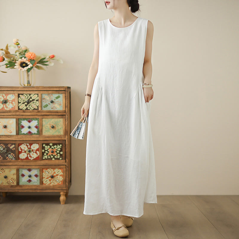 Buddha Stones FloralWhite Casual Back Buttons Design Sleeveless Cotton Midi Dress With Pockets - FloralWhite - US8-10，UK/AU12-14，EU40-42 (2XL) - image 0