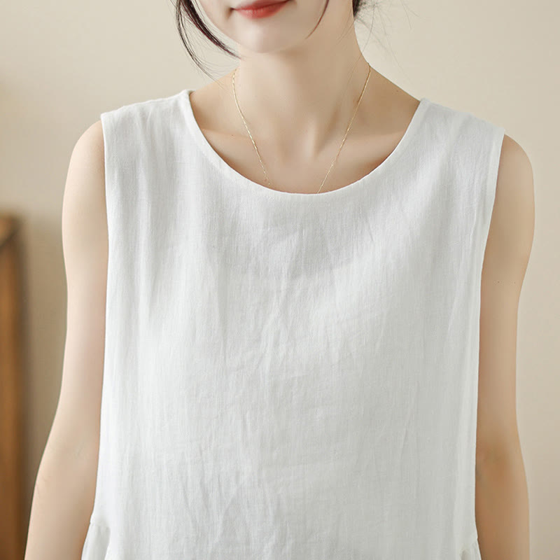 Buddha Stones FloralWhite Casual Back Buttons Design Sleeveless Cotton Midi Dress With Pockets - image 6