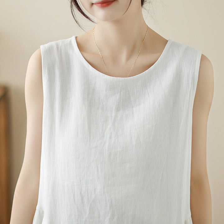 Buddha Stones FloralWhite Casual Back Buttons Design Sleeveless Cotton Midi Dress With Pockets - image 6