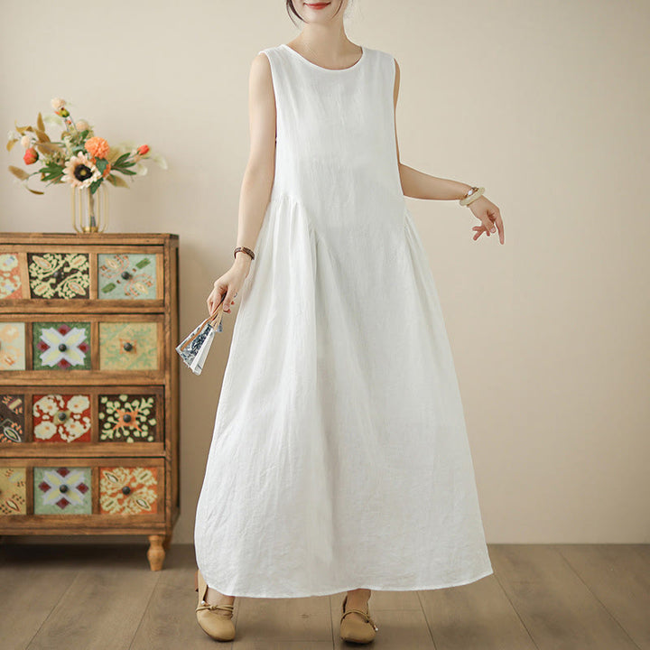 Buddha Stones FloralWhite Casual Back Buttons Design Sleeveless Cotton Midi Dress With Pockets - image 4