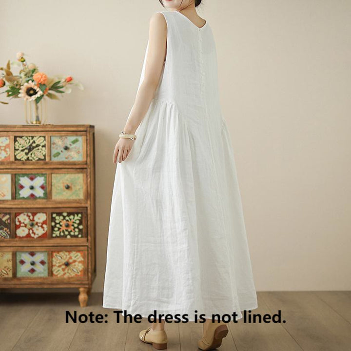 Buddha Stones FloralWhite Casual Back Buttons Design Sleeveless Cotton Midi Dress With Pockets - image 2