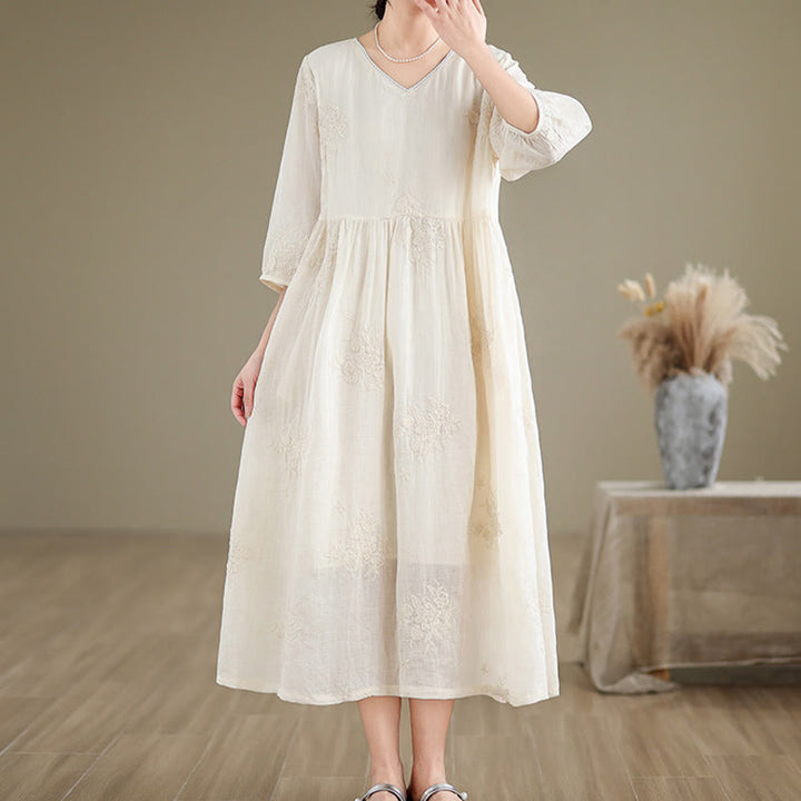 Buddha Stones Beige Casual Embroidery Three Quarter Sleeve Cotton Linen Midi Dress With Pockets - image 2
