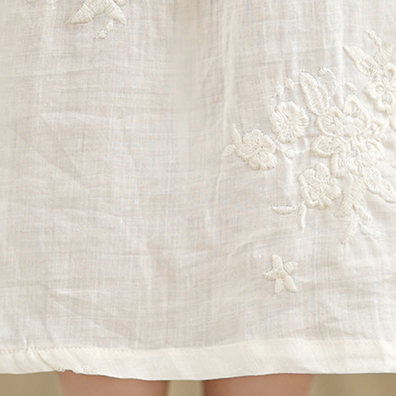 Buddha Stones Beige Casual Embroidery Three Quarter Sleeve Cotton Linen Midi Dress With Pockets - image 10