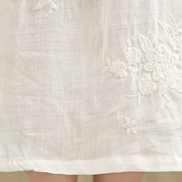 Buddha Stones Beige Casual Embroidery Three Quarter Sleeve Cotton Linen Midi Dress With Pockets - image 10