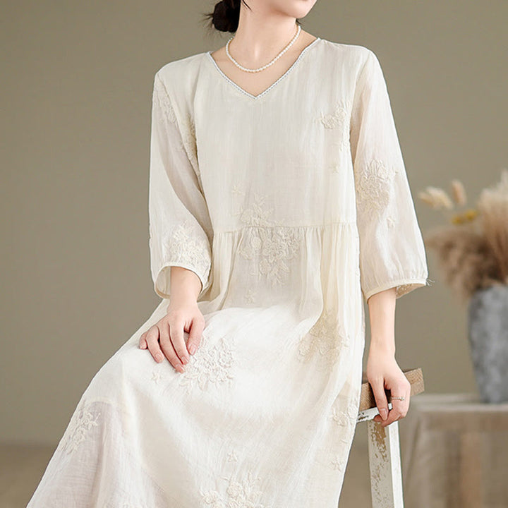 Buddha Stones Beige Casual Embroidery Three Quarter Sleeve Cotton Linen Midi Dress With Pockets - image 5