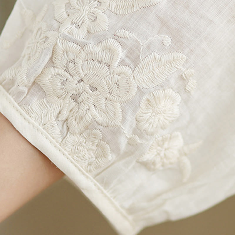 Buddha Stones Beige Casual Embroidery Three Quarter Sleeve Cotton Linen Midi Dress With Pockets - image 9