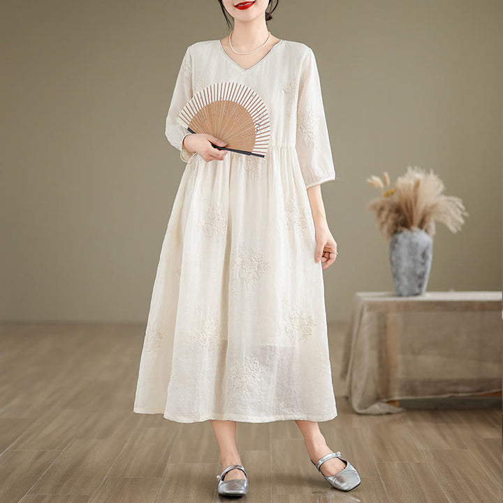 Buddha Stones Beige Casual Embroidery Three Quarter Sleeve Cotton Linen Midi Dress With Pockets - Beige - US8-10，UK/AU12-14，EU40-42 (2XL) - image 0