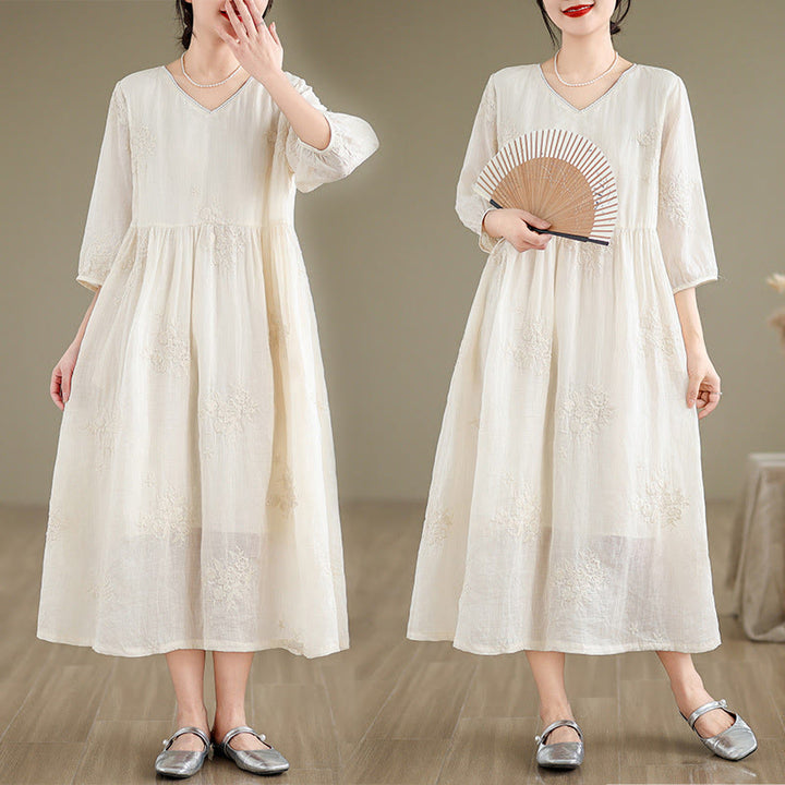 Buddha Stones Beige Casual Embroidery Three Quarter Sleeve Cotton Linen Midi Dress With Pockets - image 6