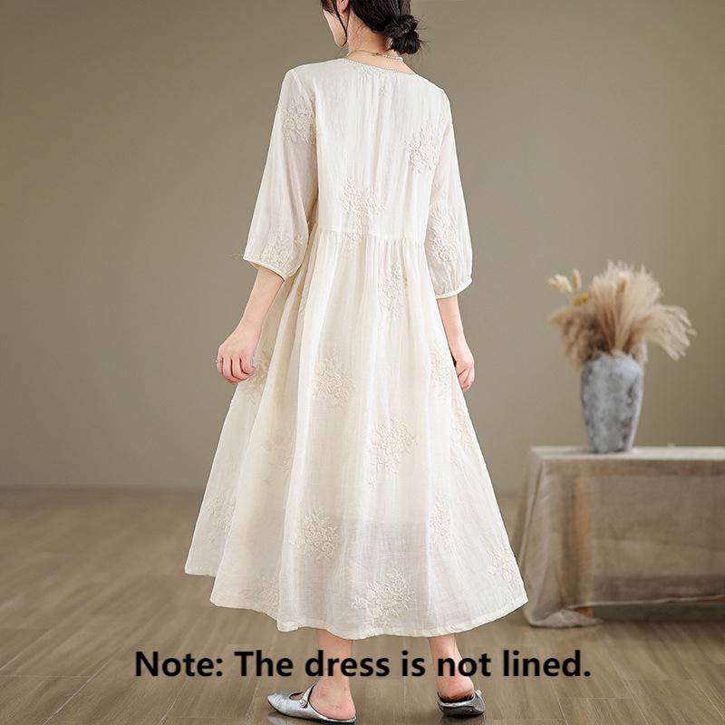 Buddha Stones Beige Casual Embroidery Three Quarter Sleeve Cotton Linen Midi Dress With Pockets - image 2